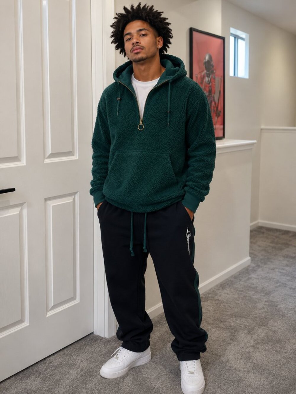 New Sherpa Forest Green Men's Half Zip Pullover Hoodie - L